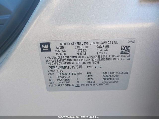 GMC Terrain Sle 2015 2GKALMEK1F6157375 Image 9