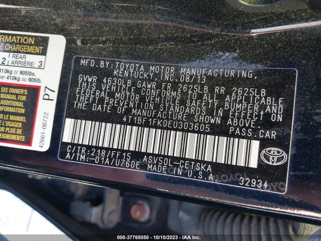 2014 TOYOTA CAMRY L/LE/XLE/SE/SE SPORT VIN: 4T1BF1FK0EU303605