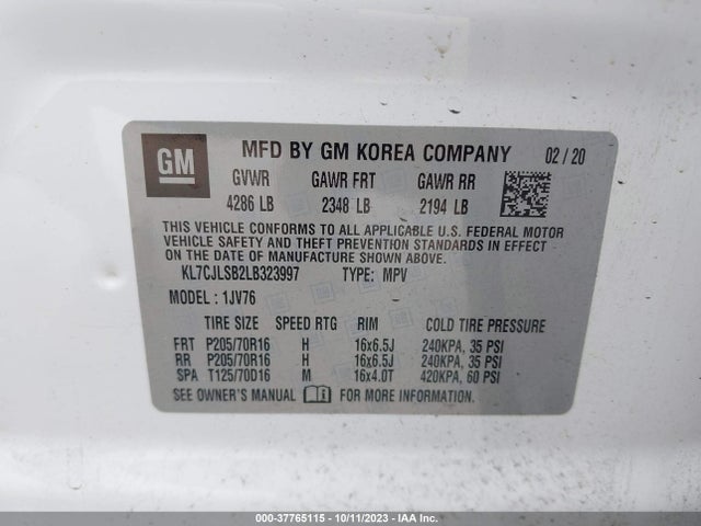 Chevrolet Trax Lt 2020 KL7CJLSB2LB323997 Image 9