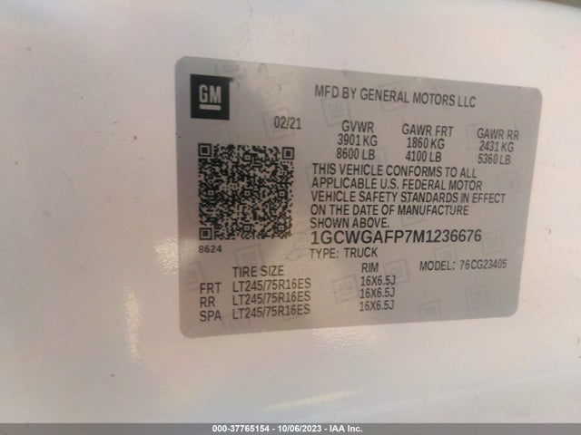 2021 CHEVROLET EXPRESS CARGO VAN VIN: 1GCWGAFP7M1236676