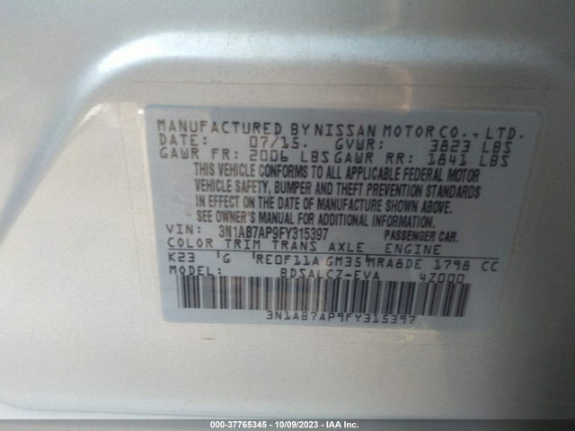2015 NISSAN SENTRA S VIN: 3N1AB7AP9FY315397