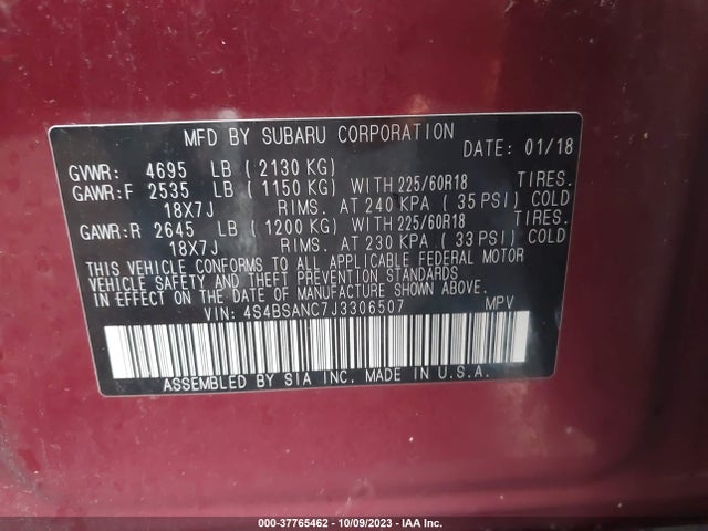 Subaru Outback Limited 2018 4S4BSANC7J3306507 Image 9