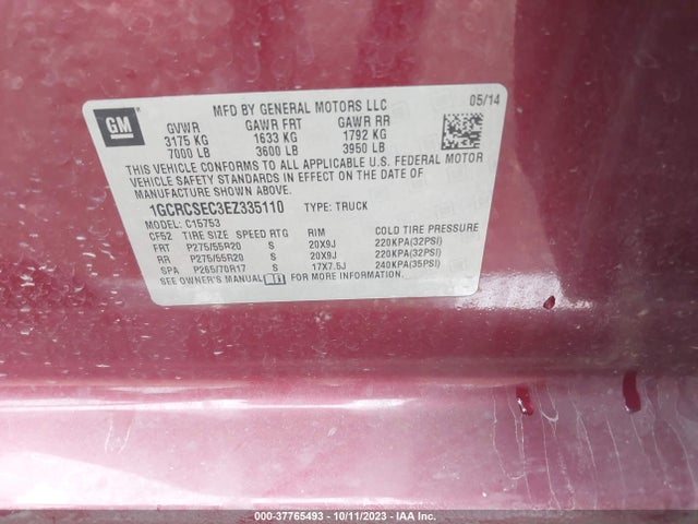 2014 CHEVROLET SILVERADO 1500 LTZ VIN: 1GCRCSEC3EZ335110