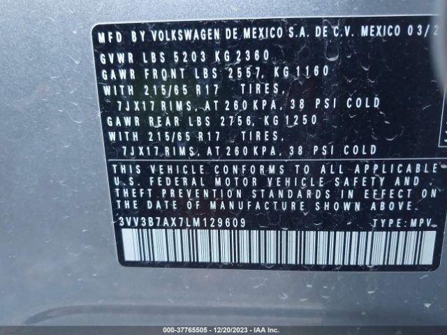 3VV3B7AX7LM129609 Volkswagen Tiguan 2.0t Se/2.0t Se R-line Black/2.0t Sel
