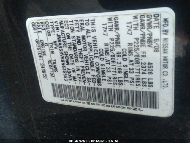 2009 NISSAN ROGUE SL VIN: JN8AS58V89W435553
