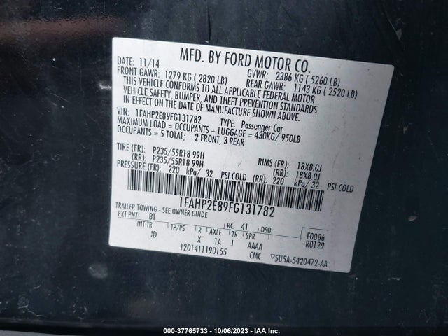 Ford TAURUS SEL 2015 1FAHP2E89FG131782 Image 9