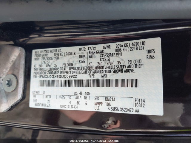 2013 FORD ESCAPE SE VIN: 1FMCU0GX6DUC09922