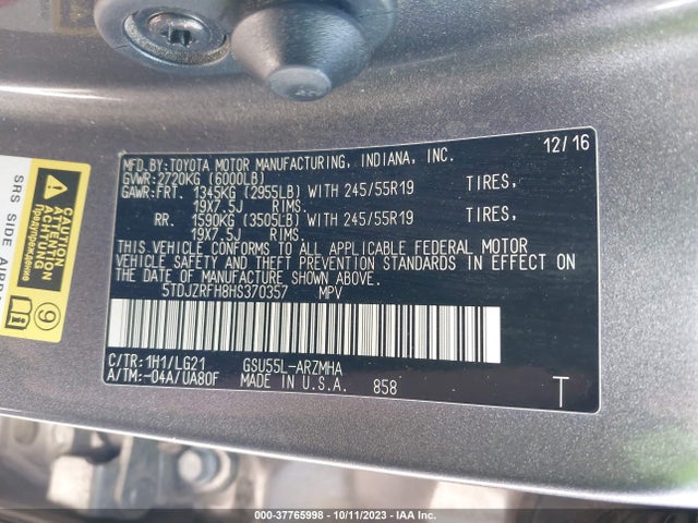 Toyota Highlander Xle/se 2017 5TDJZRFH8HS370357 Image 9