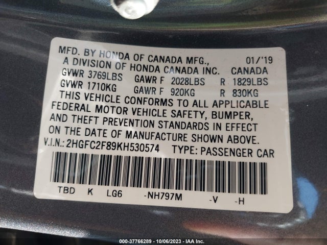 2019 HONDA CIVIC SPORT VIN: 2HGFC2F89KH530574
