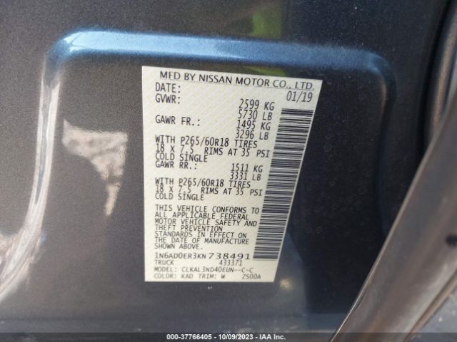1N6AD0ER3KN738491 Nissan Frontier Sl