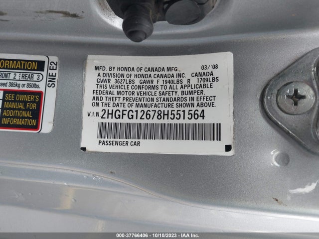 2008 HONDA CIVIC CPE LX VIN: 2HGFG12678H551564
