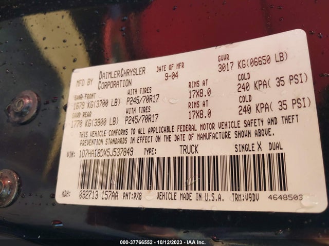 2005 DODGE RAM 1500 SLT VIN: 1D7HA18DX5J537849