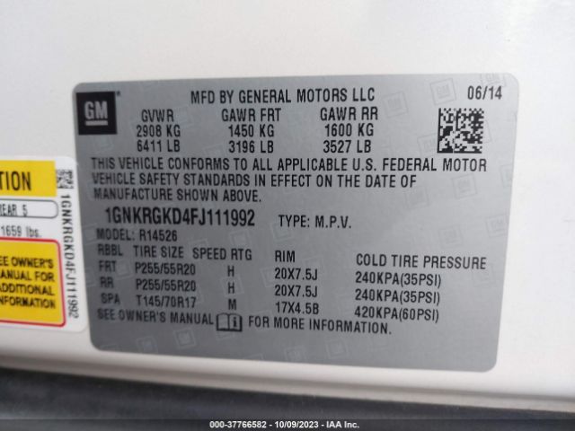 1GNKRGKD4FJ111992 Chevrolet Traverse Lt