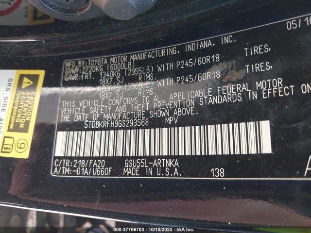 Toyota Highlander Le 2016 5TDBKRFH9GS293568 Image 9