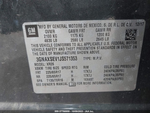 Chevrolet EQUINOX LT 2018 3GNAXSEV1JS571353 Image 9