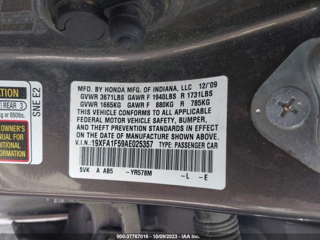 2010 HONDA CIVIC SDN LX VIN: 19XFA1F59AE025357