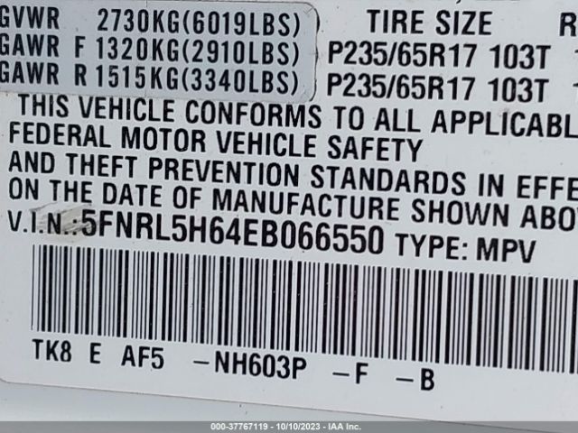 5FNRL5H64EB066550 Honda Odyssey Ex-l