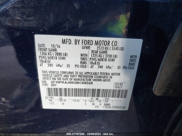 2016 FORD EDGE SEL VIN: 2FMPK4J95GBC65028