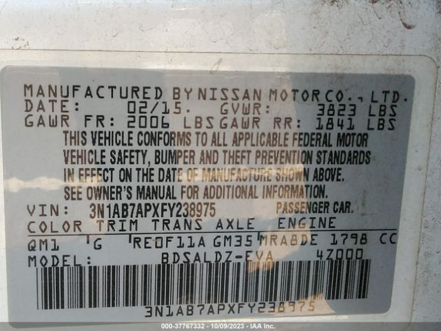 3N1AB7APXFY238975 Nissan Sentra Sr/sl/s/sv/fe+ S