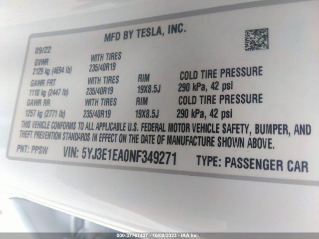 Tesla MODEL 3 2022 5YJ3E1EA0NF349271 Image 9