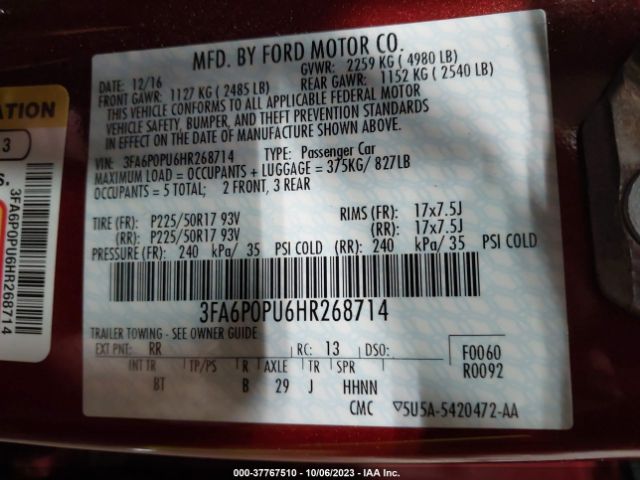 3FA6P0PU6HR268714 Ford Fusion Energi Se