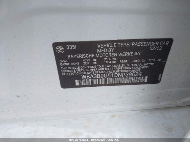 2013 BMW 3 SERIES 335I XDRIVE VIN: WBA3B9G51DNP39624