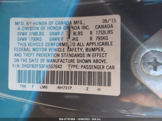 Honda Civic Lx 2015 2HGFB2F55FH557642 Image 9