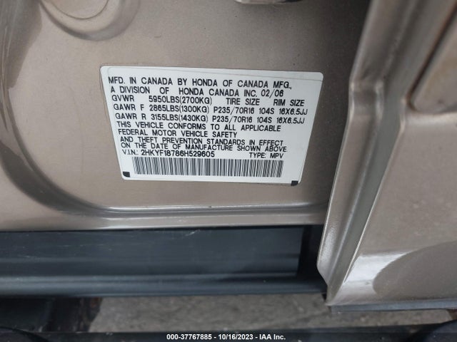 2006 HONDA PILOT EX-L WITH NAVI VIN: 2HKYF18786H529605