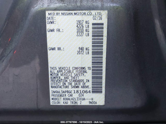 2016 NISSAN ALTIMA 2.5 SR VIN: 1N4AL3AP8GC181064
