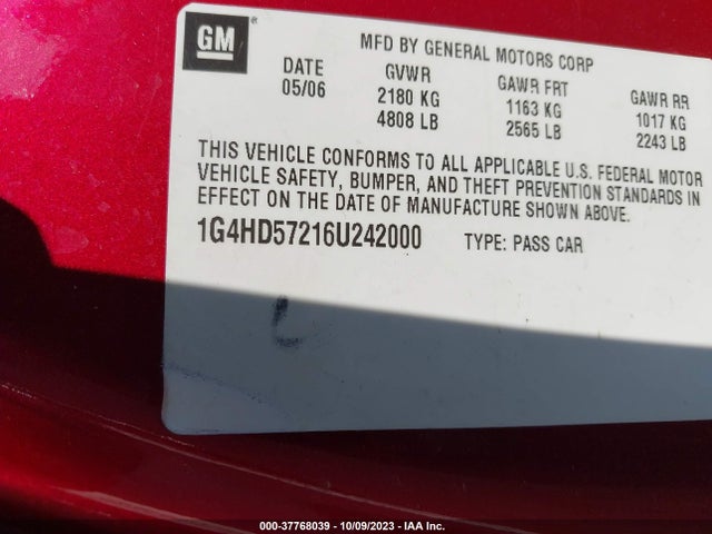 2006 BUICK LUCERNE CXL VIN: 1G4HD57216U242000