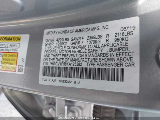 1HGCV1F58KA125382 Honda Accord Sedan Ex-l 1.5t