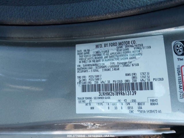 2009 LINCOLN MKZ VIN: 3LNHM26T89R613139