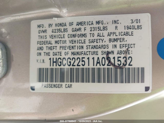 2001 HONDA ACCORD CPE EX W/LEATHER VIN: 1HGCG22511A021532