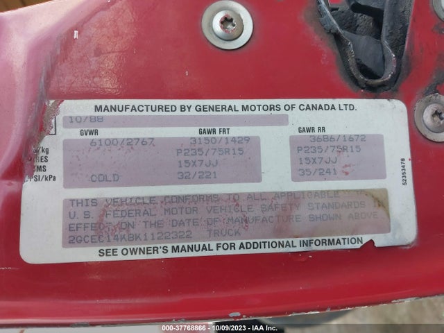1989 CHEVROLET GMT-400 C1500 VIN: 2GCEC14K8K1122322