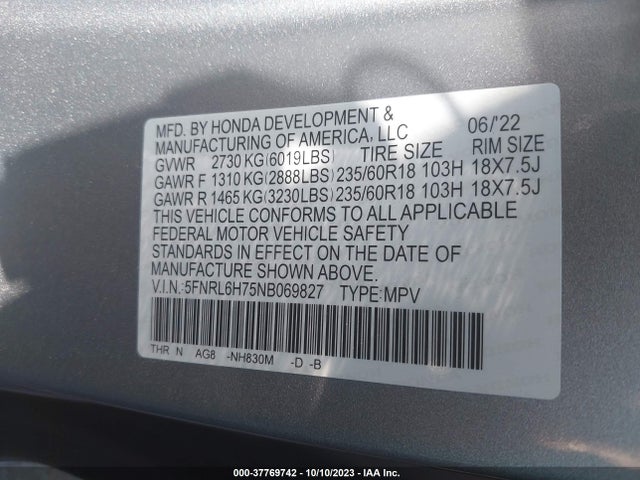 Honda Odyssey Ex-l 2022 5FNRL6H75NB069827 Image 9