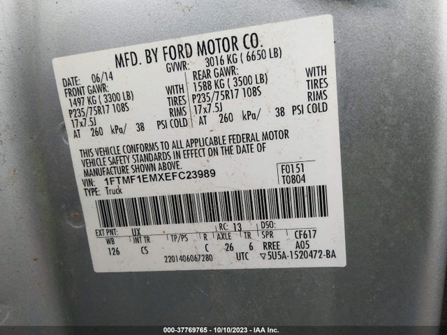 Ford F-150 Xl/xlt/stx 2014 1FTMF1EMXEFC23989 Image 9