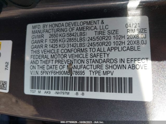5FNYF6H90MB078695 Honda Pilot Touring 8-passenger