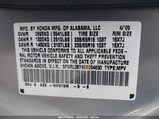 2009 HONDA ODYSSEY EX-L VIN: 5FNRL38749B054630