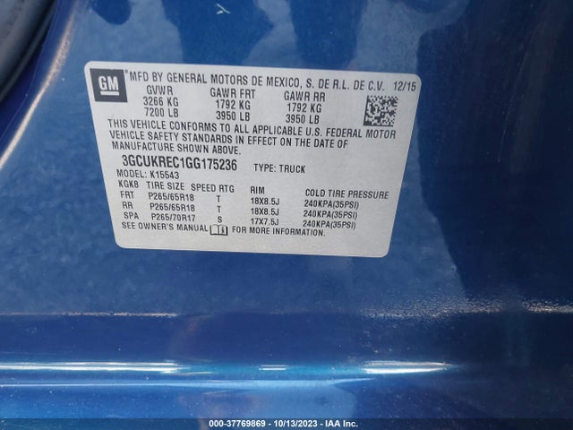 2016 CHEVROLET SILVERADO 1500 LT VIN: 3GCUKREC1GG175236
