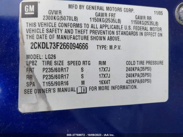 2006 PONTIAC TORRENT VIN: 2CKDL73F266094666