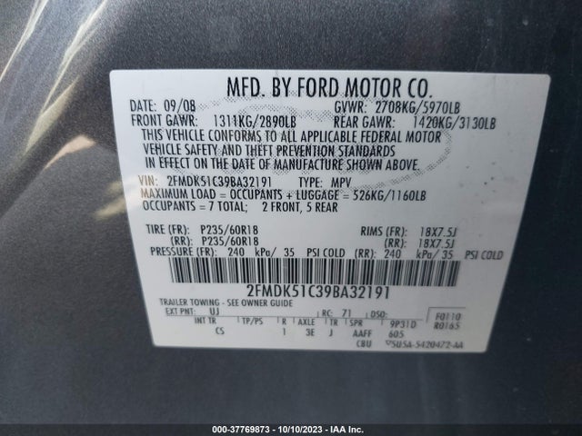 2009 FORD FLEX SE VIN: 2FMDK51C39BA32191