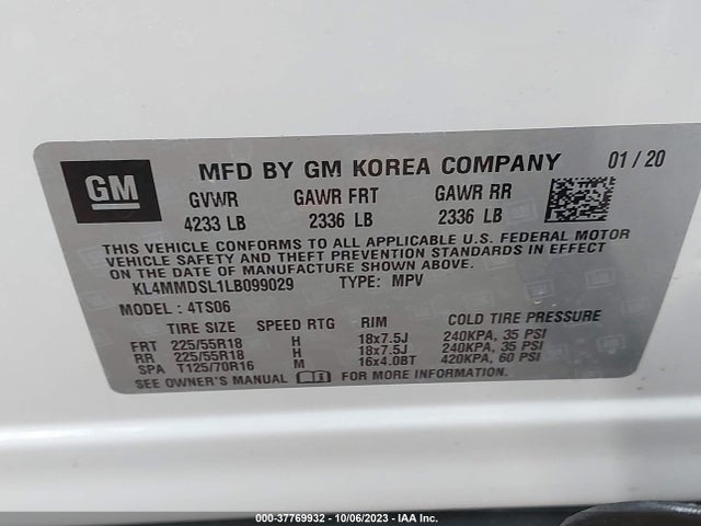 2020 BUICK ENCORE GX SELECT VIN: KL4MMDSL1LB099029