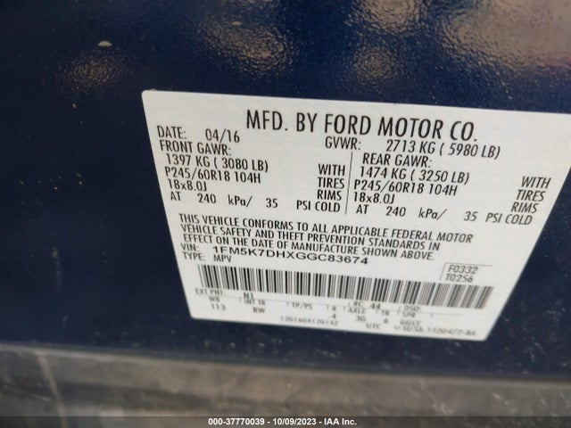Ford EXPLORER XLT 2016 1FM5K7DHXGGC83674 Image 9