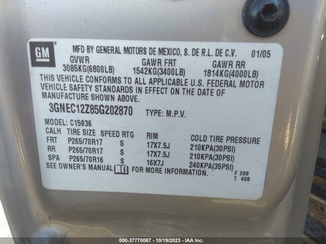 2005 CHEVROLET AVALANCHE Z66 VIN: 3GNEC12Z85G202870