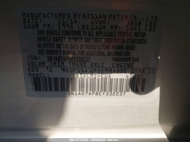 2014 NISSAN SENTRA SR VIN: 3N1AB7AP8EY332237