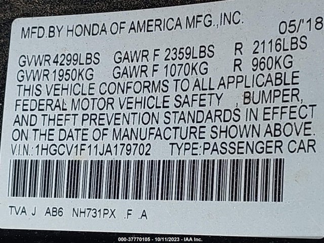 Honda ACCORD LX 2018 1HGCV1F11JA179702 Image 9