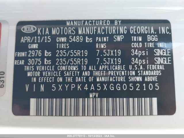 5XYPK4A5XGG052105 KIA SORENTO SX