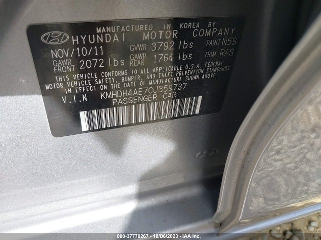 2012 HYUNDAI ELANTRA LIMITED VIN: KMHDH4AE7CU359737