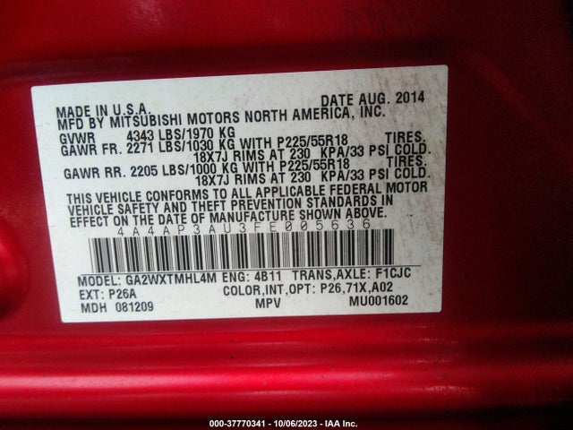 4A4AP3AU3FE005636 Mitsubishi Outlander Sport Es