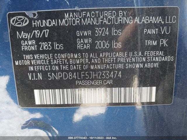 2018 HYUNDAI ELANTRA SEL VIN: 5NPD84LF5JH233474